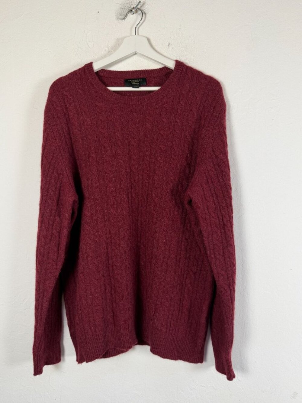 Club Room Luxury Mens Cashmere Sweater Cable Knit Crewneck Burgundy Large Cozy